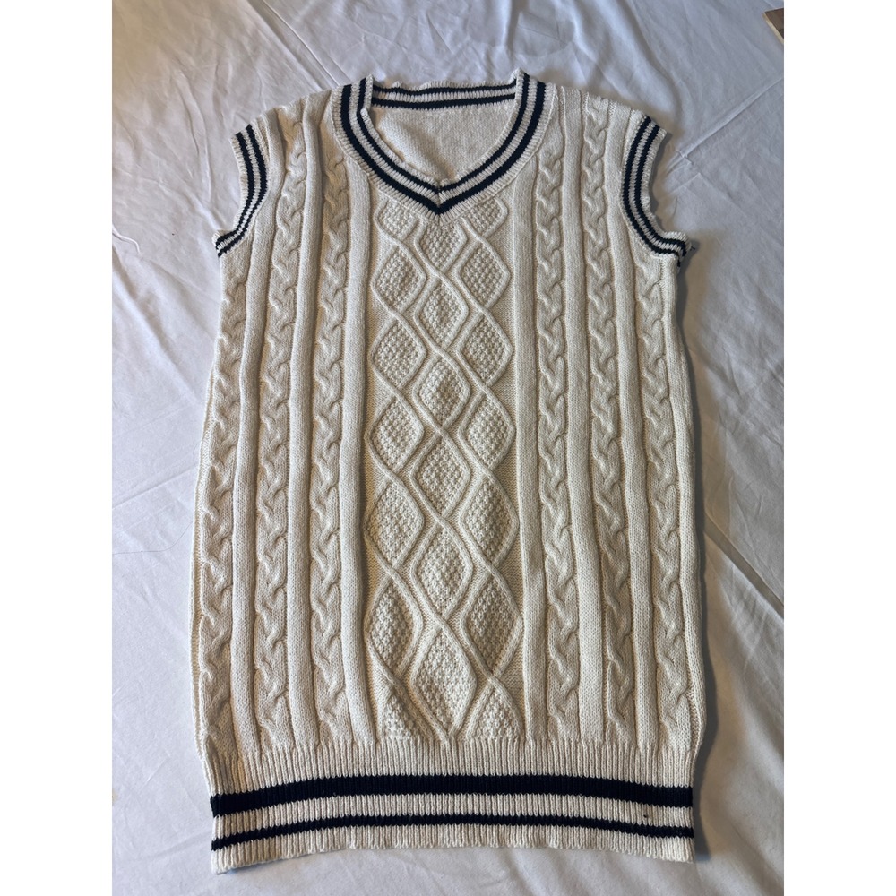 SHEIN Sweater Vest Womens Medium White  Cable Knit Preppy V-Neck Striped